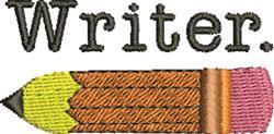 Colorful pencil with a yellow tip and brown body, featuring bold 'Writer.' text above. Cheerful aesthetic suitable for writin