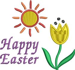Bright yellow tulip with green leaves and a stylized sun, featuring 'Happy Easter' in purple font. Cheerful spring design.