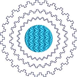 Modern circular embroidery design featuring a vibrant turquoise zigzag pattern and jagged wave-like borders.