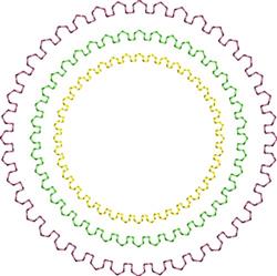 Playful zigzag circular rings in vibrant green, yellow, and purple create a simple geometric design.