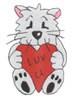 Cartoon grey cat with big eyes holding a red heart, perfect for Valentine's Day. Playful and cute.