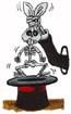 Cartoon rabbit emerging from a black magician's hat, with playful skeleton accents, perfect for Halloween.