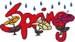 Spring text in a bold red font surrounded by colorful flowers and green foliage, capturing a playful springtime essence.