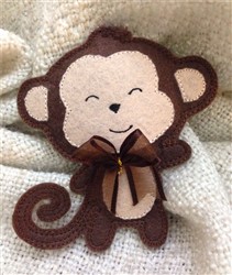 Applique brown monkey with a happy face, ribbon bow, and curly tail on a light textured background.