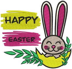 Applique bunny with pink ears peeking from a yellow Easter egg, surrounded by green leaves, colorful and festive.