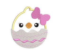 Cheerful chick with a pink bow nestled in a decorated Easter egg, playful and cute for children's apparel.