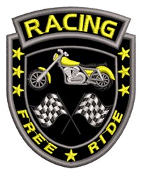 Motorcycle patch with bold yellow illustration on a black shield background, featuring crossed checkered flags and stars.