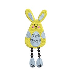 Cheerful yellow rabbit with large ears, blue egg body, and black legs for playful Easter designs.