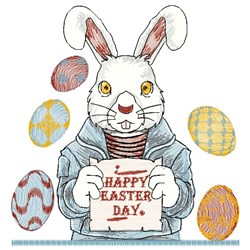 Playful rabbit in a blue jacket holds a 'HAPPY EASTER DAY' sign surrounded by colorful Easter eggs.