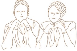 Redwork stylized figures in simple line art, featuring unique hairstyles and hand gestures in a minimalist design.