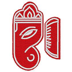 Applique abstract design resembling a cultural symbol with bold red shapes and white outlines, featuring intricate linear det