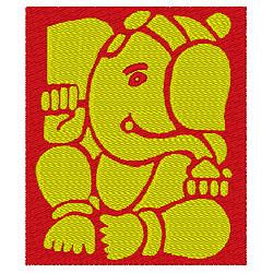 Applique elephant outlined in yellow against a red background, featuring playful geometric shapes.