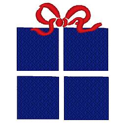 Applique gift box in blue with a red ribbon, featuring geometric patterns, perfect for holiday celebrations.