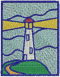 Colorful lighthouse with a yellow light beam over stylized waves and a green hill, in a coastal scene.