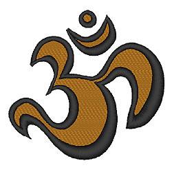 Modern Om symbol in warm gold with bold black outline, featuring smooth curves and spiritual elegance.