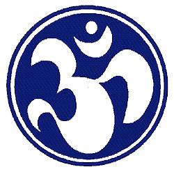 Om symbol in white on a bold blue background, minimalistic design perfect for contemporary spiritual decor.
