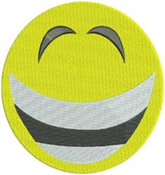 Smiley face in vibrant yellow featuring a broad white smile and gray eyes. Playful design perfect for kids.