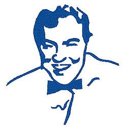Stylized smiling man with bow tie outlined in blue thread, showcasing cheerful facial features in a minimalist design.