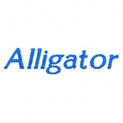 Playful design featuring 'Alligator' in bold blue text with a textured stitch appearance on a plain background.