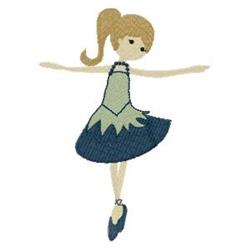 Whimsical ballet dancer with a light brown ponytail wearing a green and navy dress and matching shoes.