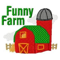 Cartoonish barn design featuring a red barn, green roof, and gray silo with yellow hay, perfect for kids.