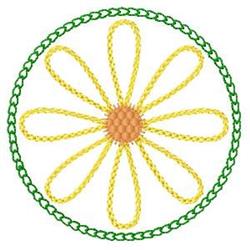 Bold flower with elongated yellow petals and central brown circle, framed by a vibrant green border. Perfect for spring.