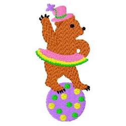Playful brown bear in pink accessories balancing on a colorful ball, perfect for a whimsical embroidery design.