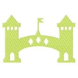 Castle arch with playful light green towers and a whimsical flag, perfect for children's events.