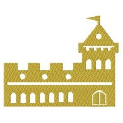 Geometric castle design in golden hue with battlements, a flag, and arched windows, perfect for embroidery.