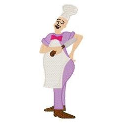 Cartoonish chef character with a white hat and purple outfit, featuring a cheerful expression and pink bow tie.
