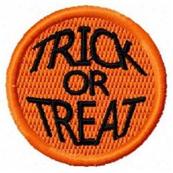 Circular patch with bold black 'TRICK OR TREAT' text on a bright orange background, perfect for Halloween.