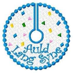 Colorful clock face with blue scalloped border, vibrant confetti shapes, and hand pointing, perfect for New Year's Eve.