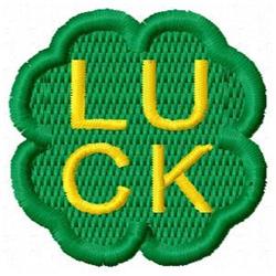 Playful clover luck applique with vibrant green clover and large yellow 'LUCK' text, perfect for St. Patrick's Day.