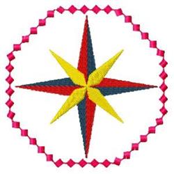 Vibrant compass rose in red, yellow, and blue with a pink scalloped border, perfect for contemporary decor.