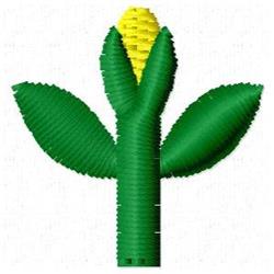 Vibrant cartoon corn plant with a bright yellow ear and green leaves, perfect for harvest-themed kitchen textiles.