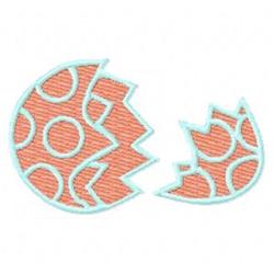 Playful cracked egg with a pinkish-orange shell, light blue outlines, and circular patterns for spring.