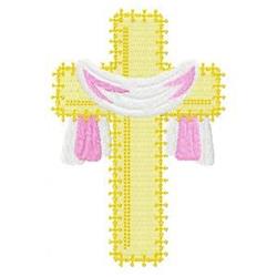 Playful yellow cross with white sash and pink ribbons, perfect for cheerful Easter celebrations.