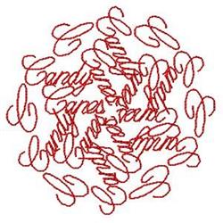 Whimsical cursive words in vibrant red thread overlap playfully, creating dynamic movement in this lively design.