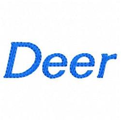 Bold blue 'Deer' text with a playful rounded style, prominently embroidered on a simple background.
