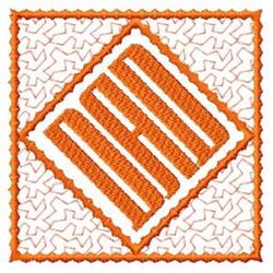 Applique diamond shape with orange stitching on white background, featuring parallel lines in a modern, minimalist style.