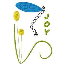 Playful dragonfly hovering above yellow flowers with swirling green stems, capturing spring joy.