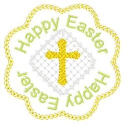 Cheerful Easter cross in yellow on a white background, with 'Happy Easter' in green text and floral scalloped edges.