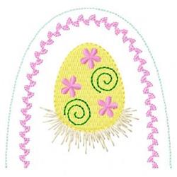 Playful yellow Easter egg with pink flowers and green swirls, set on a white background, perfect for festive decor.