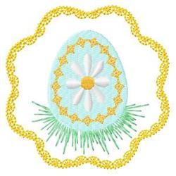 Colorful Easter egg with white flower details atop green grass, surrounded by yellow embellishments.