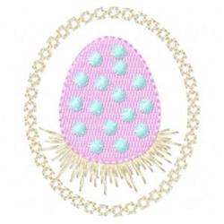 Decorative Easter egg in pastel pink with playful blue dots, framed in gold, perfect for spring projects.