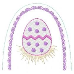 Decorative Easter egg with playful pink zigzag and polka-dot patterns, styled in soft pastel colors.