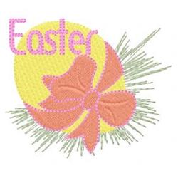 Vibrant Easter egg in yellow with a playful pink ribbon, surrounded by green grass, celebrating springtime.