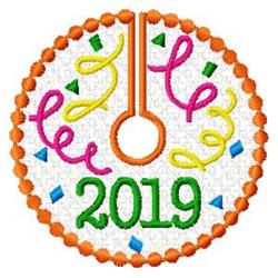 Festive clock with colorful decorations, featuring pink and green swirls, and confetti for New Year celebrations.