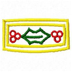 Applique decorative element featuring a yellow border, green leaf shapes, and red flowers, exuding a cheerful vibe.