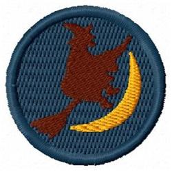 Stylized brown rooster perched on a vibrant yellow crescent moon in a circular badge, playful nighttime theme.